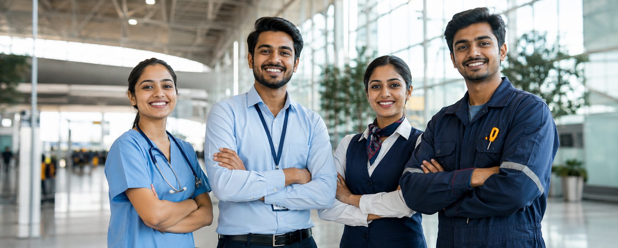 Group of skilled Indian professionals — a nurse, an IT specialist, a hospitality professional and a technician