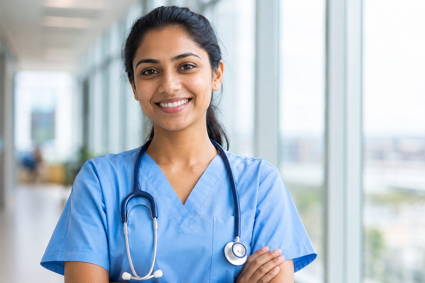 Indian nurse in scrubs smiling in a modern hospital corridor