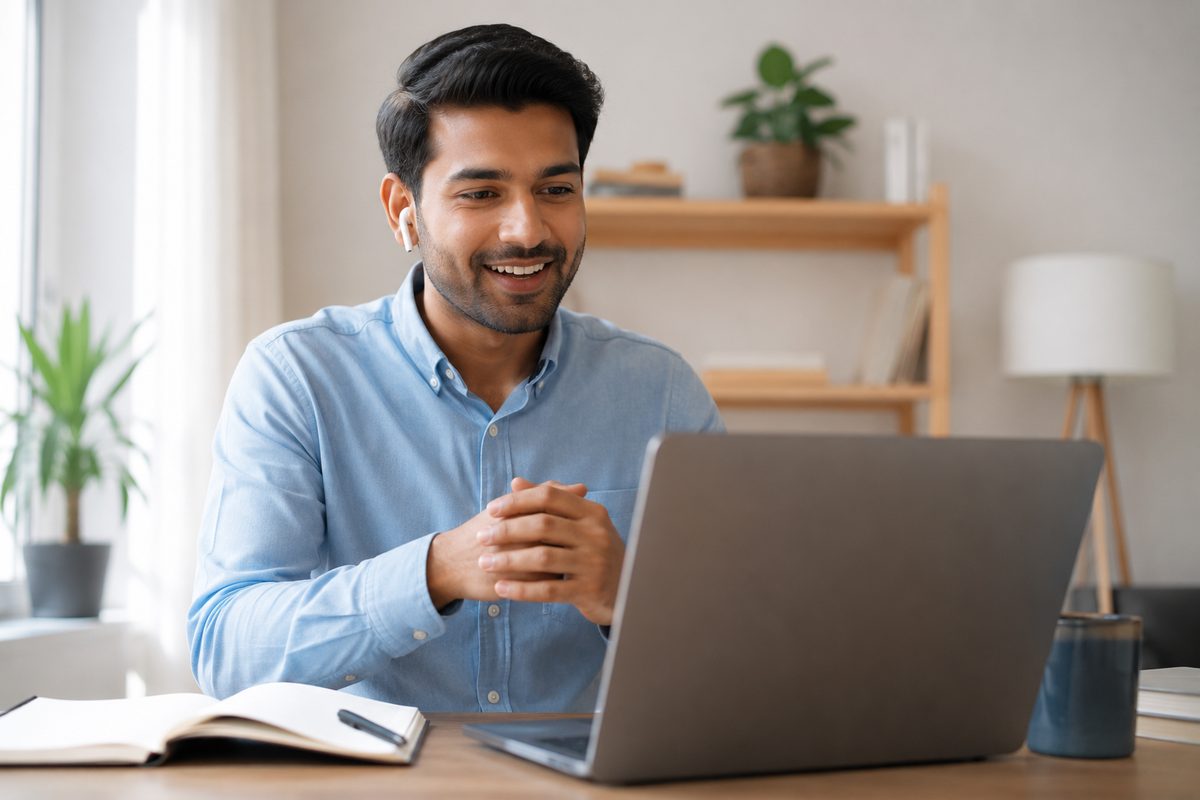 Indian professional on a video interview call from home