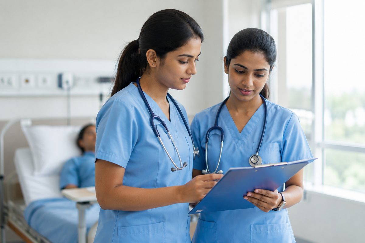 Two nurses reviewing a patient chart together in a hospital ward